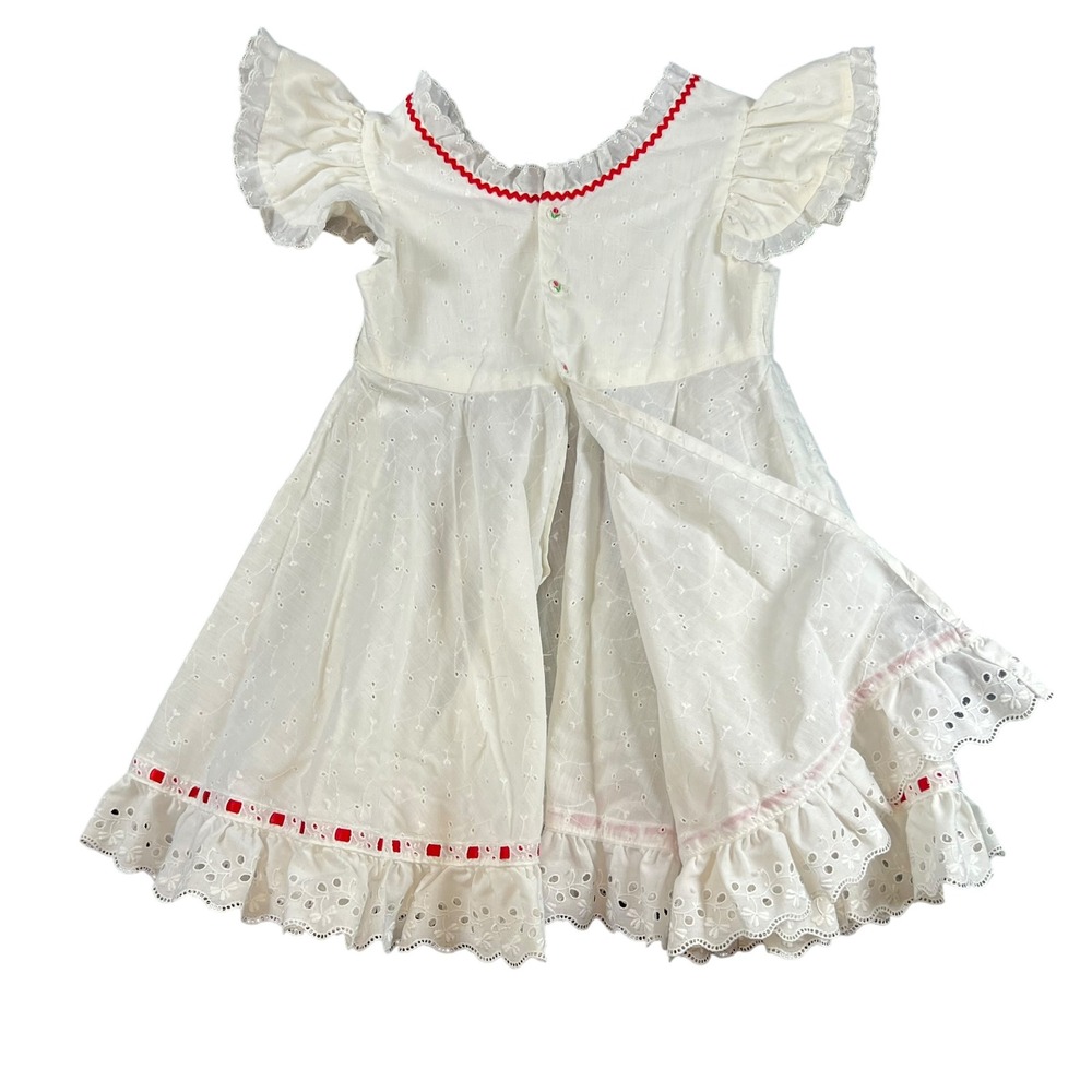 Vintage Handmade Eyelet Dress Red Rickrack Trim Toddler 2T 3T Cottagecore - Picture 6 of 10